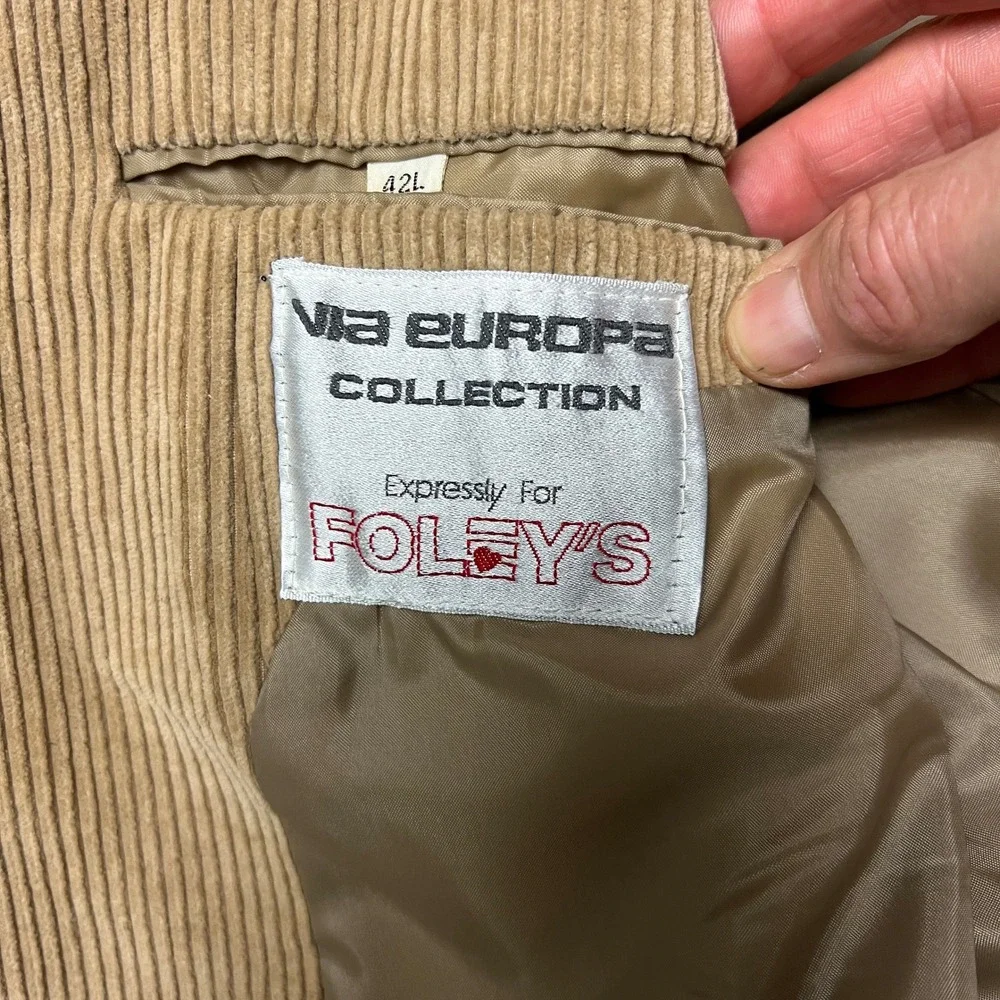Via Europa Foley's Corduroy Blazer Sport Coat Two Button Jacket Tan Brown Sz 42L